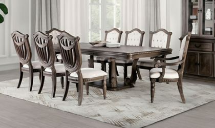 Brand New Weathered Oak & Beige 9pc Formal Dining Table Set