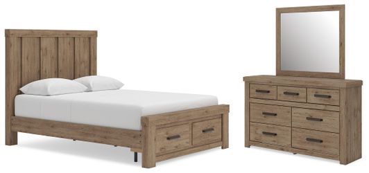 Oliandon Light Brown Queen Panel Storage Bed, Dresser and Mirror (Online Special Price)