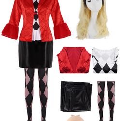 Cabeny Adult Halloween Costumes For Clown Costume Women Lady Suit Dress Costume Set With Blonde Wig For Halloween Party Dress Up 