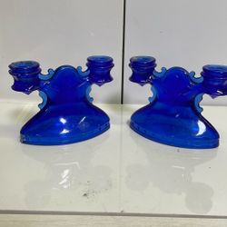 Pair Of Candlestick Holders Vintage Antique Blue Glass