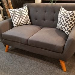 Brand New 60" Charcoal Linen Midcentury Modern Loveseat