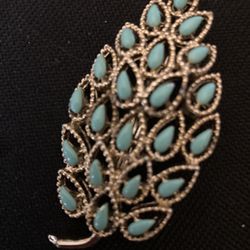 Gerry's Signed Gold Tone Metal Faux Turquoise Brooch Pin Leaf Feather