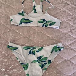 Womens Medium Blue Green White Ribbed Bikini Set 