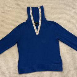 Lauren Ralph Lauren Blue Button-Trim Mock Neck Sweater – Size M 100% Cotton