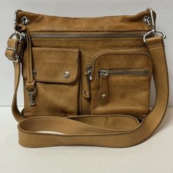 Vintage FOSSIL Tan Pebbled Leather Satchel Shoulder Bag Crossbody