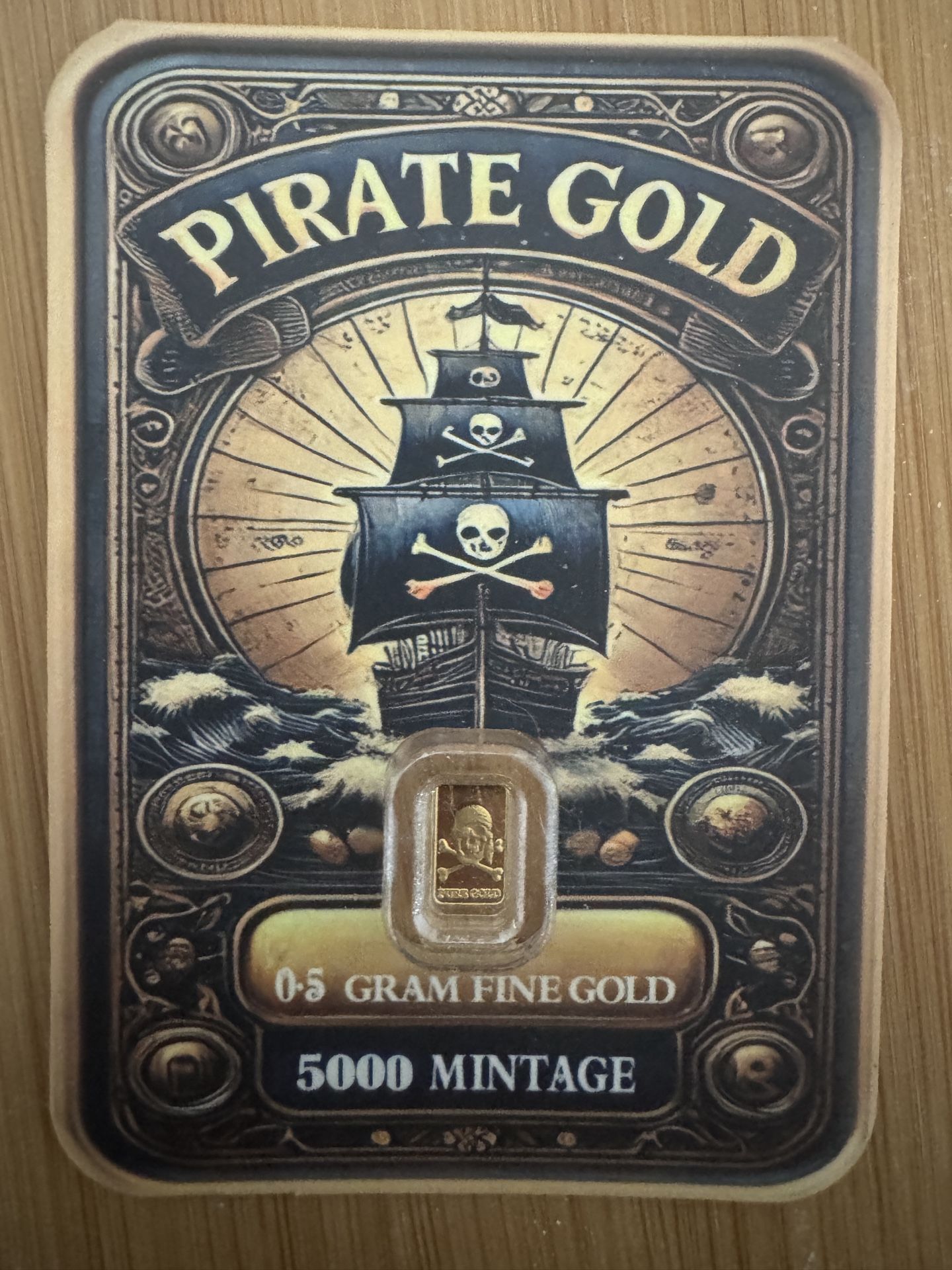 This is a 0.5 gram 'Pirate Gold' fine gold bullion bar.