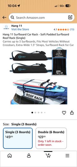 Hang 11 Surfboard Car Rack - Soft Padded Surfboard Roof Rack (Single) Carries up to 3 Surfboards, Fi