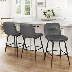 Faux Leather Upholstered Bar Stools (Set of 3 ) Gray  24”H