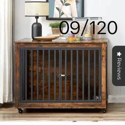 43" Wooden Furniture Style Dog Crate with Feeding Bowl, Three Doors, and Flip-Up Top Opening - Rustic Brown