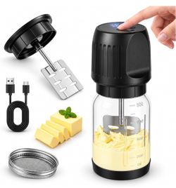 Cordless Electric Butter Churner, 34oz One-Touch Automatic Butter Maker Fresh Butter in 10 Mins; USB-C Rechargeable, Clear Glass Jar, Brushless Motor,