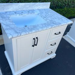 36”grey single sink bathroom vanity with carrara white marble stone top 2102-C835M