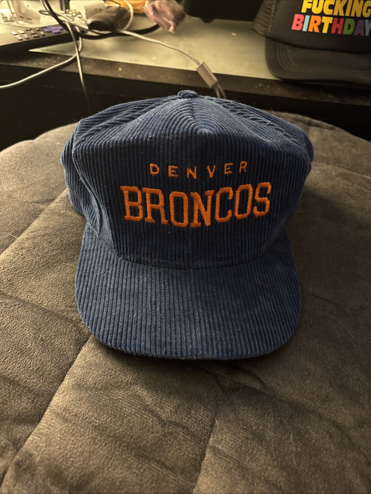 Vintage 90s Denver Broncos Corduroy Blue Snapback Hat Cap NFL Football