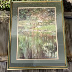 Vintage Nature Painting Wall Decor Framed With Golden Accent 41” by 32” Signed by Thompson 1988 