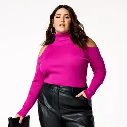 XXL Fuchsia Cold shoulder ribbed turtleneck sweater