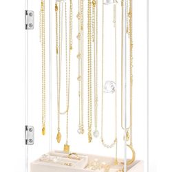 24-Hook Acrylic Necklace Holder, Rotatable Clear Necklace Organizer with Velvet Tray for Rings, Earrings, Dust-proof Jewelry Display Case, Storage Box