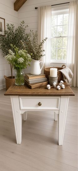 Vintage Lane Farmhouse End Table Nightstand - White with Wood Top 1 Drawer