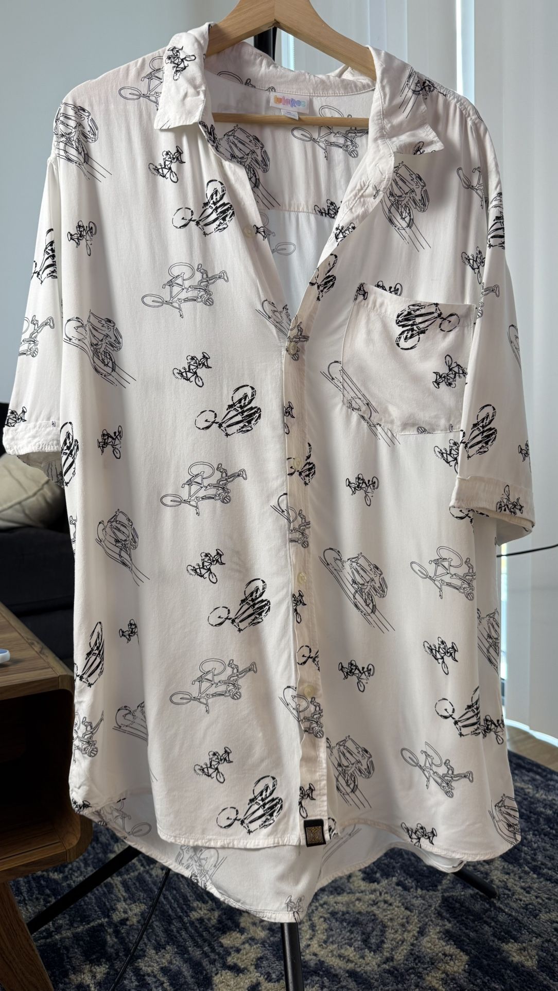 LuLaRoe XL Button-Up Shirt Biker Print White Short Sleeve Rayon VTG