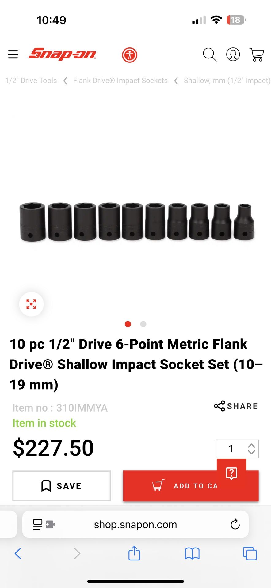 SnapOn Shallow impact socket Set (3/8-1”)