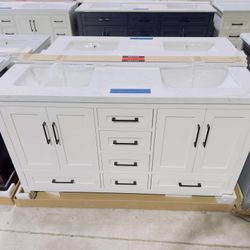 “60” Double Sink Bathroom Vanity in White Color with Black Handles and Marble Top in White  $915 