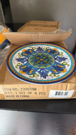 Luca Melamine 9” Salad Dessert Plates Set of 12 Blue Teal Orange NEW