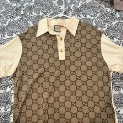 Gucci GG Monogram Maxi Jacquard Cotton Polo Shirt Beige x White Size L