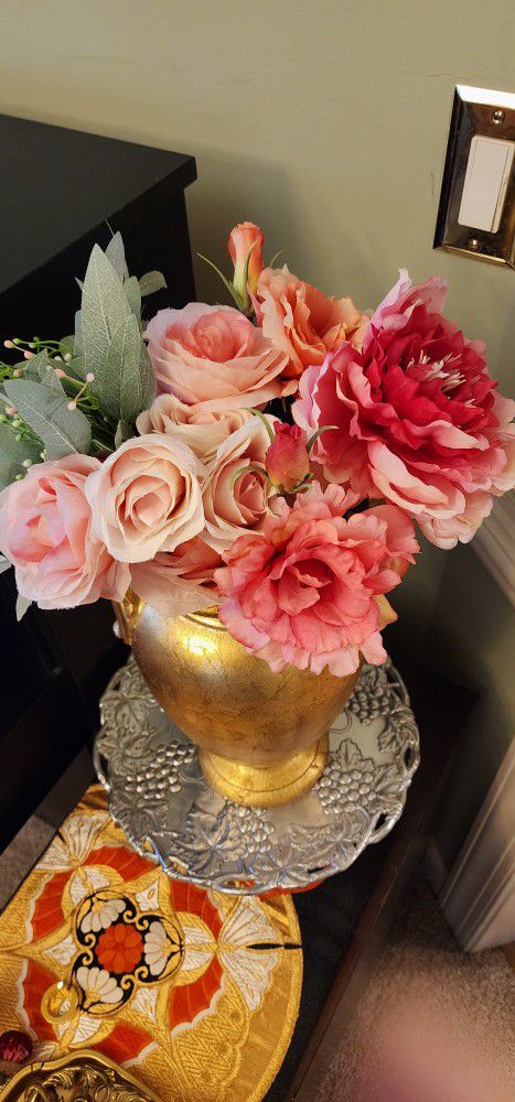 Artificial Flower And Gold Vase
