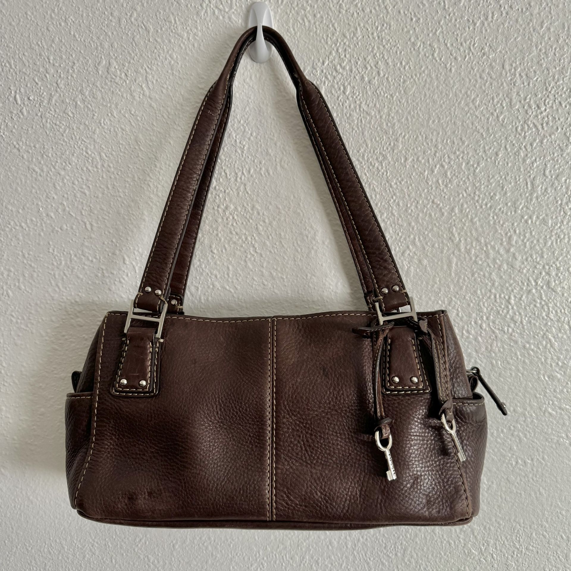 FOSSIL Dark Brown Pebbled Leather 75082 Weekender Satchel Shoulder Handbag Purse