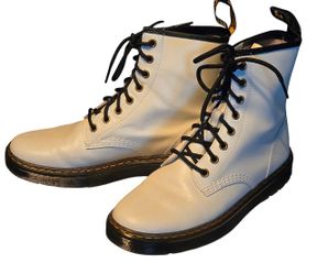 EC~ Dr. Marten's ZAVALA White With Black Trim Leather 8-eyelet Combat BootsEC Dr. Marten's Zavala Women's 8-eyelet white with black trim and gold meta