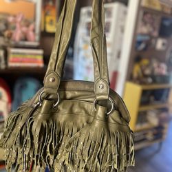 B Makowsky Green Leather Fringe Satchel Handbag