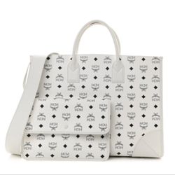 MCM Visetos Large Munchen Tote White
