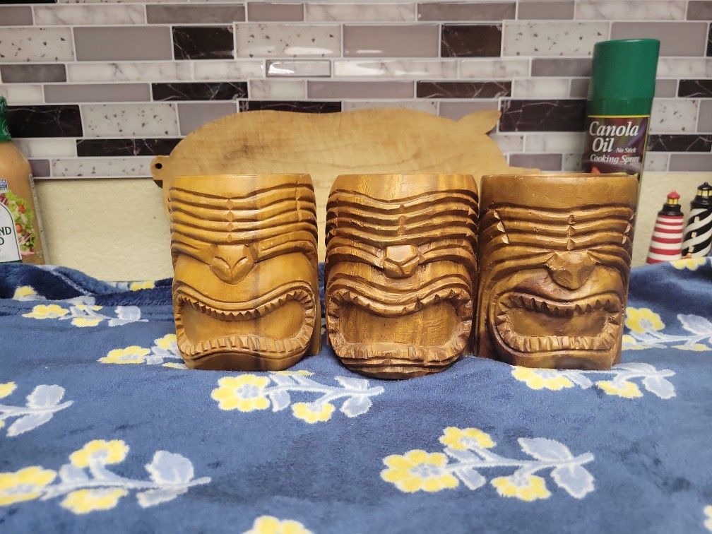 Vintage Tiki God Wood Mugs