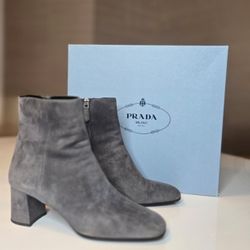 Women's Prada Grey Suede Block Heel Bootie