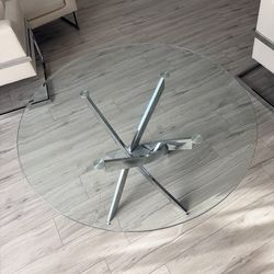 Modern round glass dining table 43” with silver metal legs