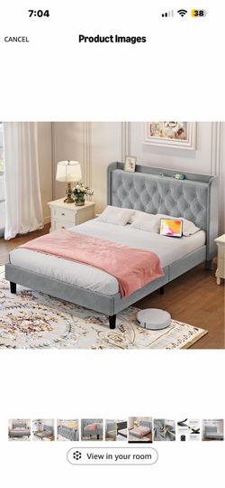 koorlian Full Size Bed Frame, Full Bed Frame with Headboard, Adjustable Velvet Upholstered Bed Frame with Type-C&USB Port, Wingback Storage Headboard,