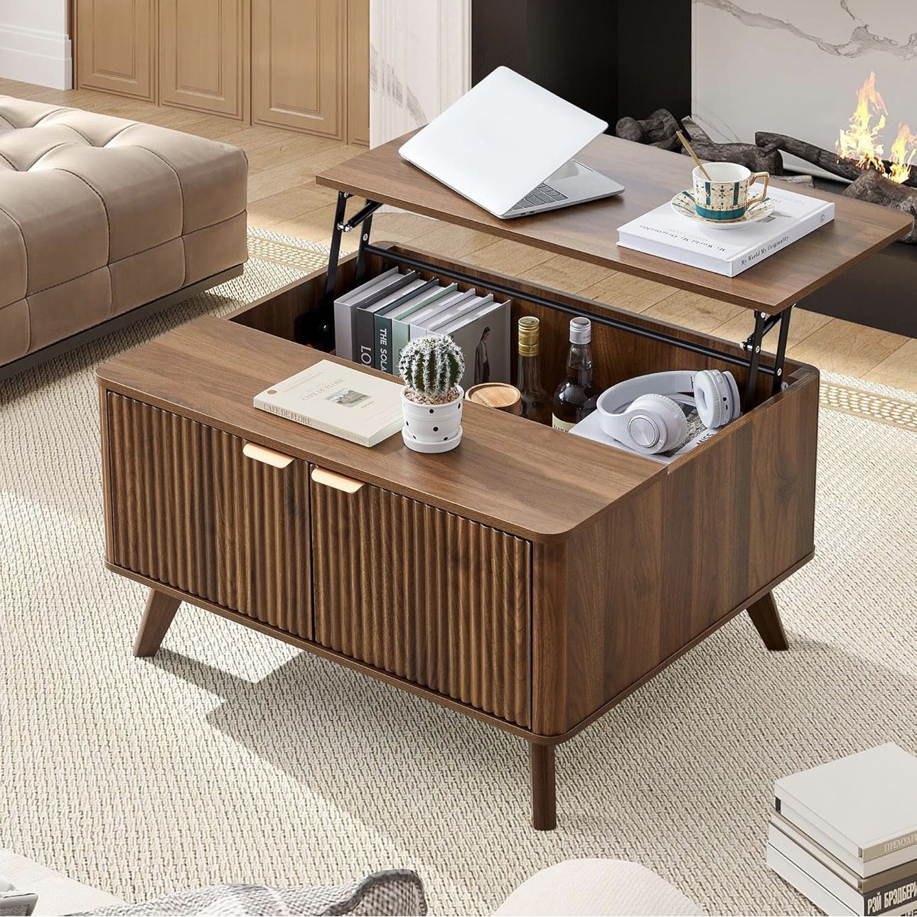Fluted Lift Top Coffee Table with Large Hidden Compartment