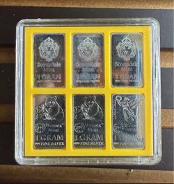 Mixed Lot 6x 1 Gram .999 Fine Silver Premium Bullion Bars in protective holder