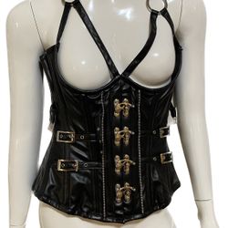 Black Magic Corset in Faux Leather & Cotton & Metal Hardware Size Medium
