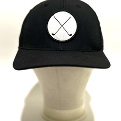  black golf hat with a crossed golf clubs logo is produced by brands such as Signatures and Mizuno. It is a performance-focused cap designed for golf 