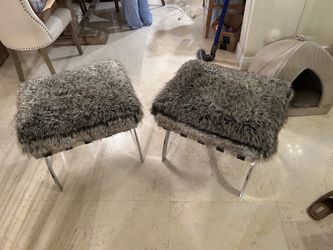 Grey Faux Fur Bench with Chrome X-Legs. El Dorado