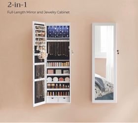 6 LEDs Mirror 47.2-Inch Tall Lockable Wall or Door Mounted Jewelry Armoire Organizer with Mirror, 2 Drawers, 3.9 x 14.6 x 47.2 Inches