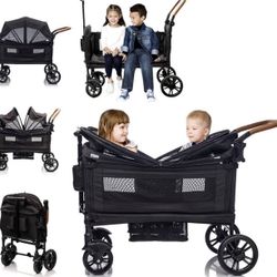 Wagon Stroller for 2 Kids & Cargo-Push-Pull Travel Double Stroller Lightweight Folding Stroller for Toddler with 5-Point Harness, Adjustable Handle Ba