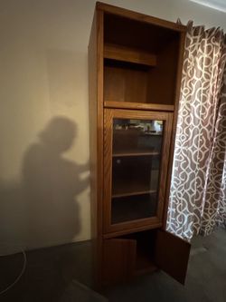 Tall Oak Wood Cabinet with Glass Door