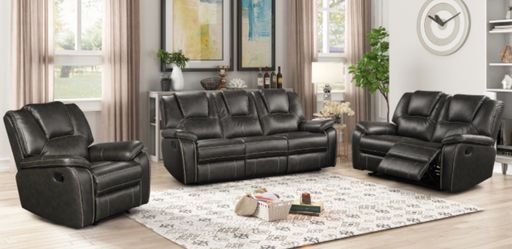 3 PC GRAY FAUX LEATHER MANUAL RECLINE SOFA SET. FINANCING AVAILABLE