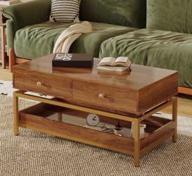 Modern Wood & Gold Coffee Table with 2 Drawers and Open Shelf