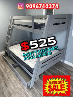Twin/Full gray Bunk bed w. Drawers & Ortho Mattresses Included