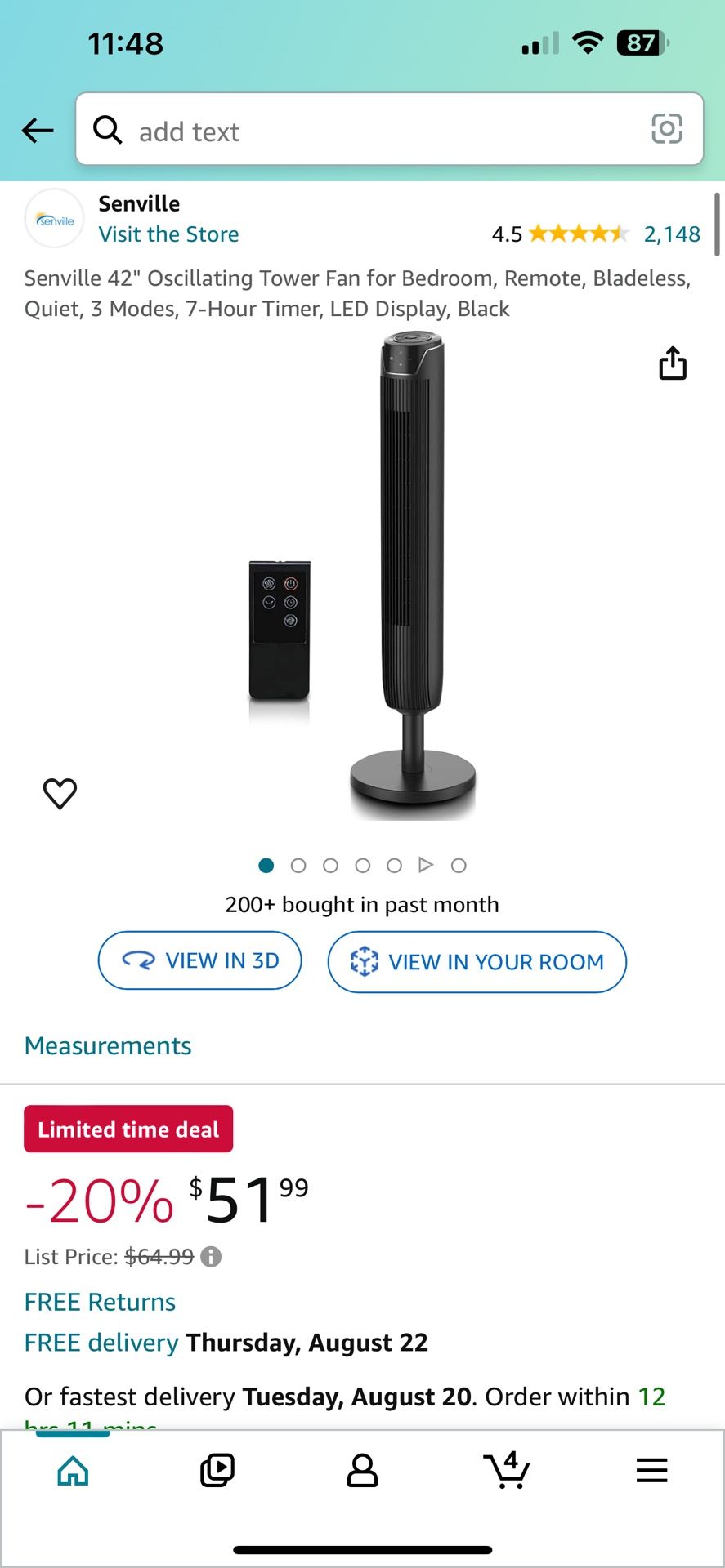 Senville 42" Oscillating Tower Fan for Bedroom, Remote, Bladeless, Quiet, 3 Modes, 7-Hour Timer, LED Display, Black