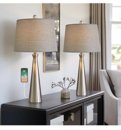 Oneach 25.75" Modern USB Table Lamp Set of 2 for Living Room Bedroom Bedside Nightstand Lamps Fabric Shade Accent Light Silver 