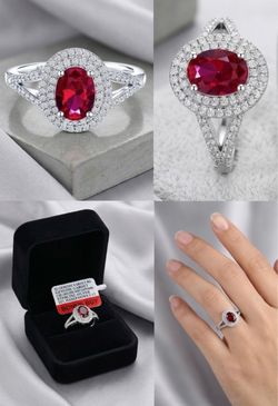 jcpenney Silver Ring with Deep Red Oval Gem and Halo