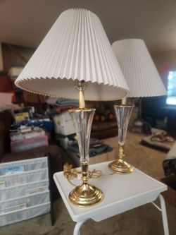 GENTLY USED 2 - BRASS LAMPS W/ PLEATED SHADES 34" TALL