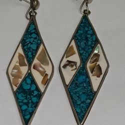 Vintage Silver & Crush Turquoise Inlay Kite Shaped Earrings